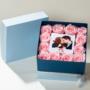 box di rose rosa stabilizzate e profumate con stampa di foto